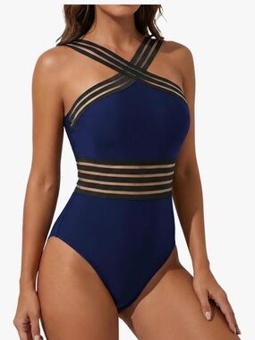 Navy Crisscross Mesh-Trim One-Piece Swimsuit Women Small